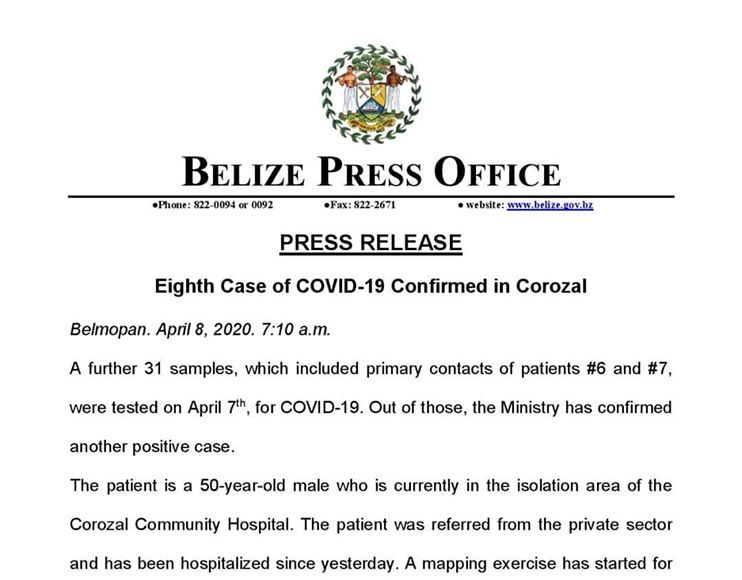 Coronavirus in Belize ,number 8th patient