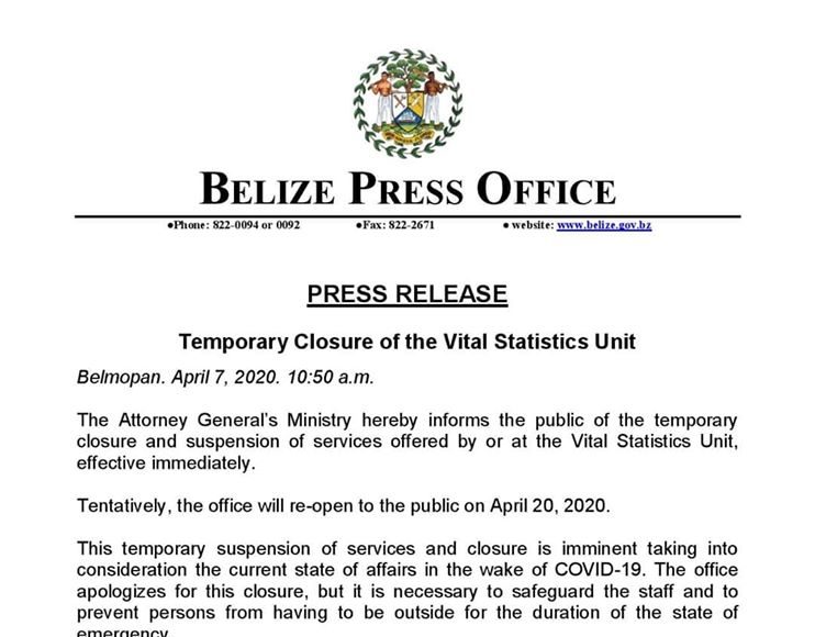 Temporary Closure of the Vital Statistics Unit in Belize