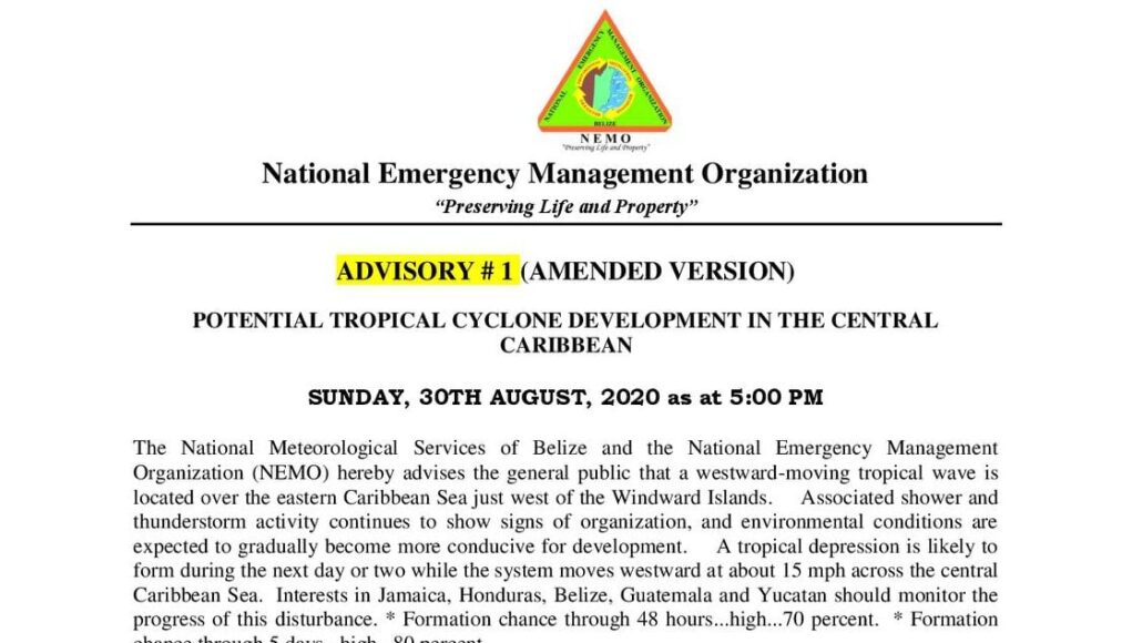 Advisory #1 - Tropical Cyclone Development in the Central Caribbean