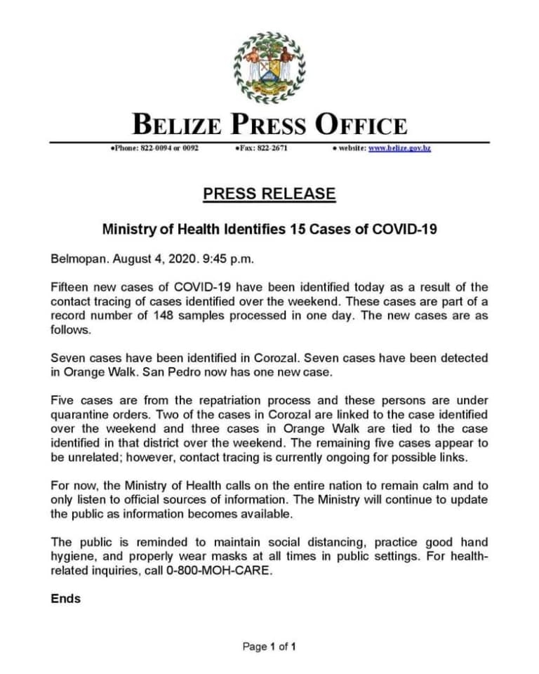 Fifteen new Covid19 Cases in Belize1 08-04-2020