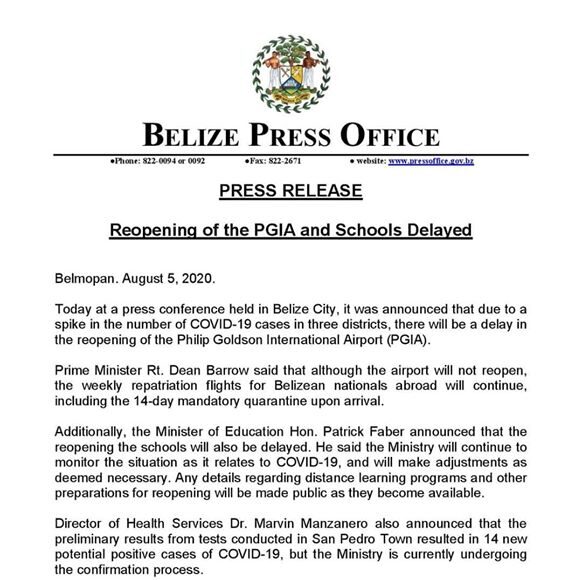 Government of Belize postponed reopening of Schools and the PGIA