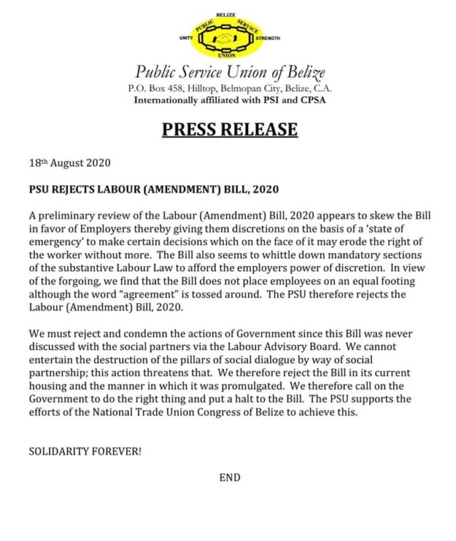 PSU REJECTS LABOUR (AMENDMENT) BILL, 2020