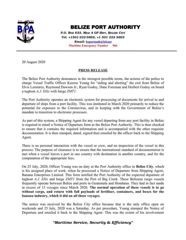 The Belize Port Authority Denounces Police Actions in Tugboat clearance.