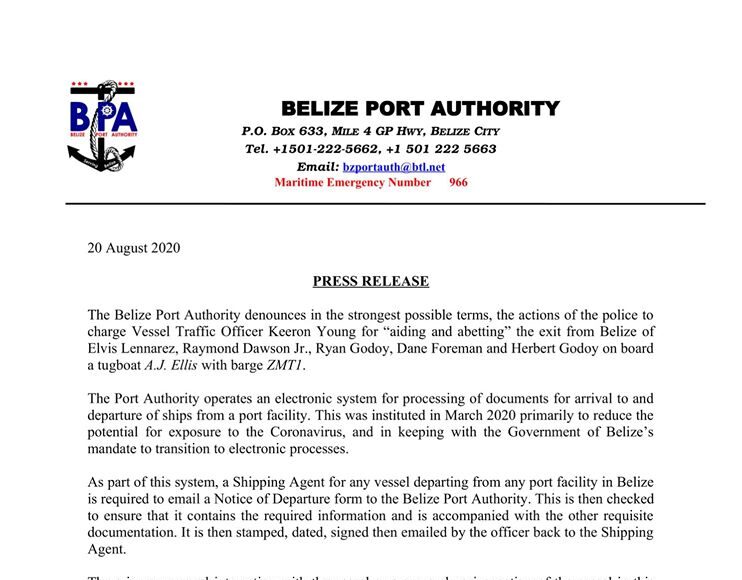 The Belize Port Authority Denounces Police Actions in Tugboat clearance.