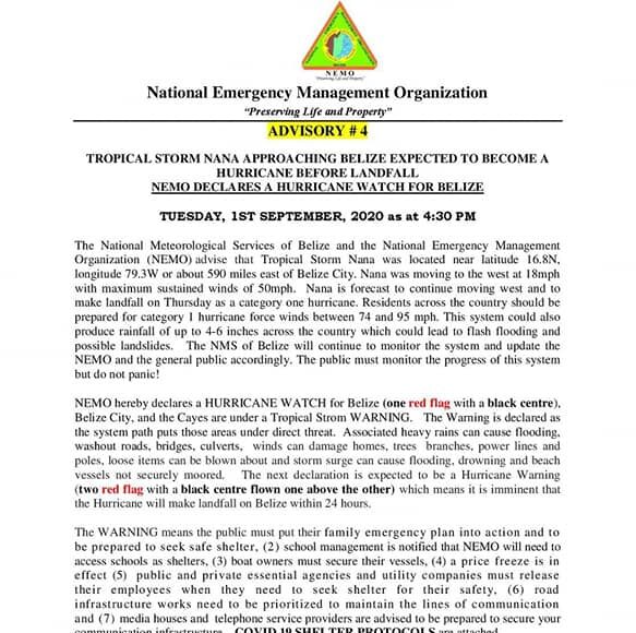 Advisory #4 NEMO DECLARES A HURRICANE WATCH FOR BELIZE